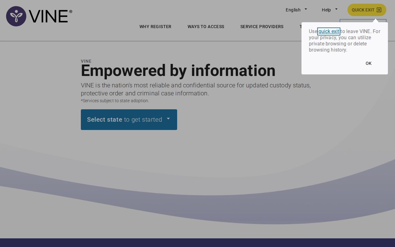 Hancock County VINELink inmate release search landing screen