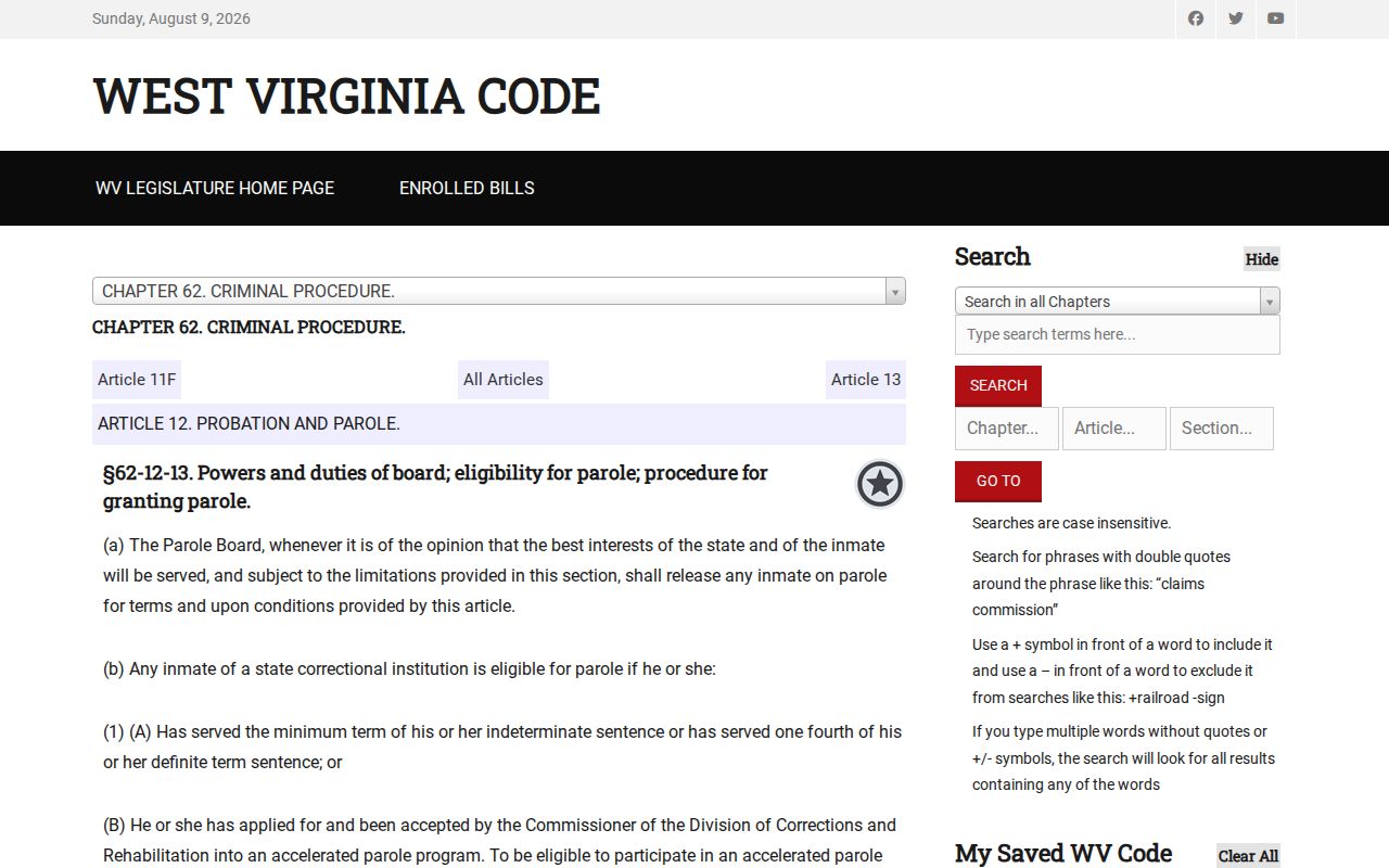 West Virginia parole eligibility law related to Hancock County projected release dates
